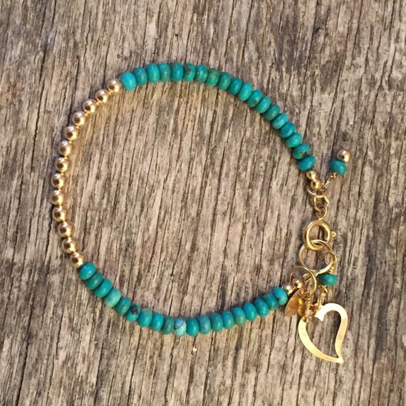 14 K Gold - Turquoise - Heart Charm - solid gold - Rustic Gold Bracelet - Artisan Gold Jewelry