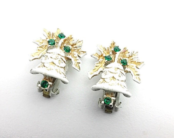 Vintage Dodds Holiday Earrings White enamel vintage earrings. Green rhinestone earrings. Signed holiday earrings, white bell earrings. Bells