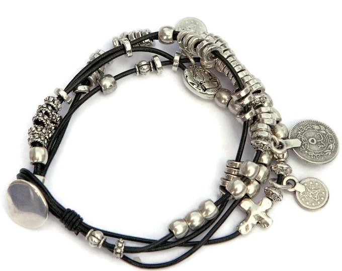 Boho bracelet,boho jewelry,bohemian bracelet,gipsy bracelet,coin bracelet,charm bracelet,leather bracelet,women bracelet,multi strand wrap