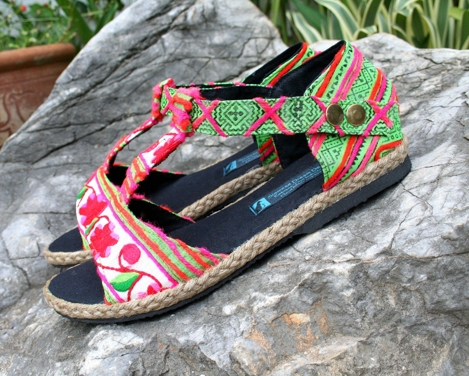 Vegan Womens Sandals Floral T Strap In Ethnic Hmong