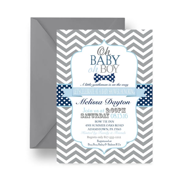 Bow Tie Baby Shower Invitations Boys Dapper Grey Chevron Navy