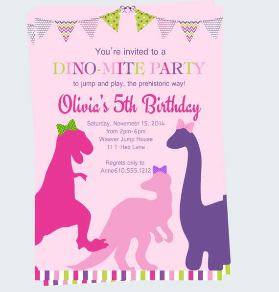 Girls Dinosaur Birthday Party Invitations Pink by PaperCleverParty