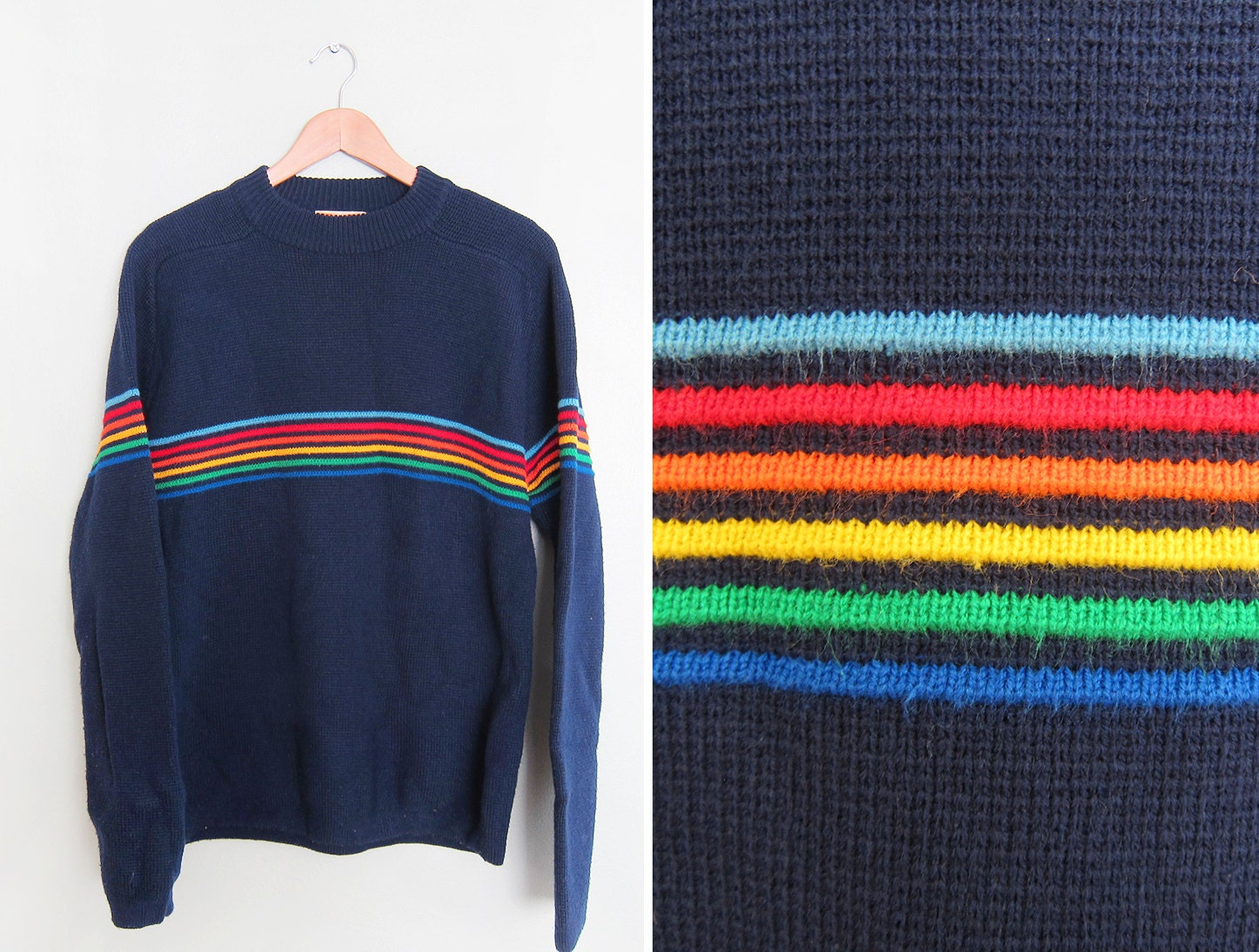 vintage sweater / rainbow striped / oversize / 1970s navy