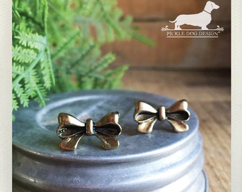 Vintage Bow. Post Earrings -- (Vintage-Style, Studs, Romantic, Bow, Feminine, Shabby Chic, Antiqued Brass, Cute, Bridesmaid Gift Under 10)