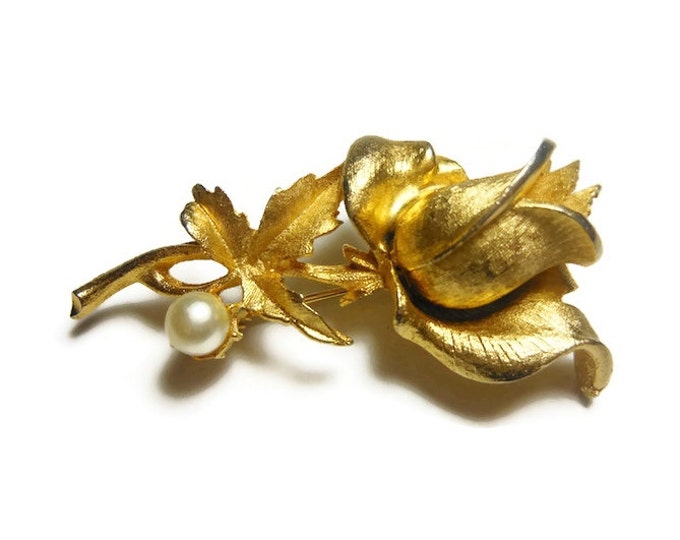 FREE SHIPPING Rosebud brooch, gold plated brushed gold rose bud on stem with leaves and a faux pearl