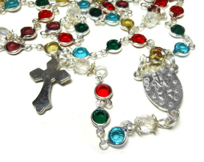 FREE SHIPPING Caged bead rosary, handmade, crystal beads, facet Czech aurora borealis (AB) Paters, silver plated, Crucifix Miraculous Medal