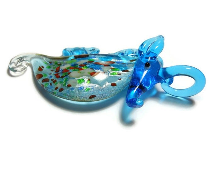 Lampwork seahorse pendant, handmade focal, glass, blue and multicolored, sea blue foil, 58x30mm seahorse