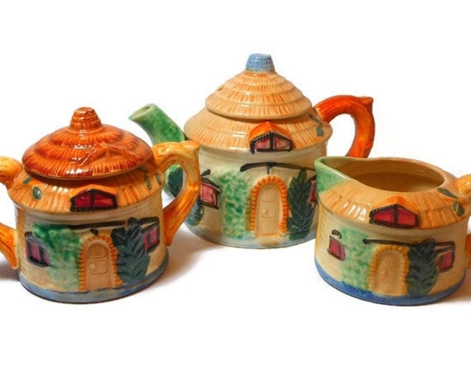 Hand painted tea set, 1940s cottage ware, made in occupied Japan, thatched cottage teapot, creamer and sugar bowl, English or Irish cottage!