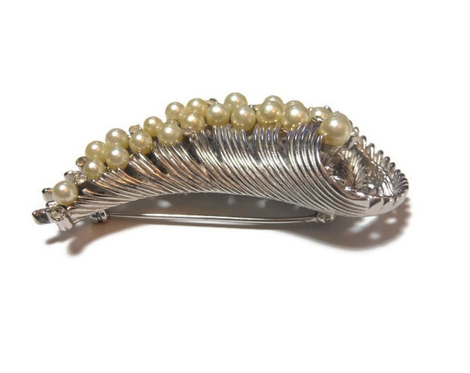 FREE SHIPPING Crown Trifari brooch, 1950s early 60s large silver plated crested wave textured brooch, creamy faux pearls, small rhinestones