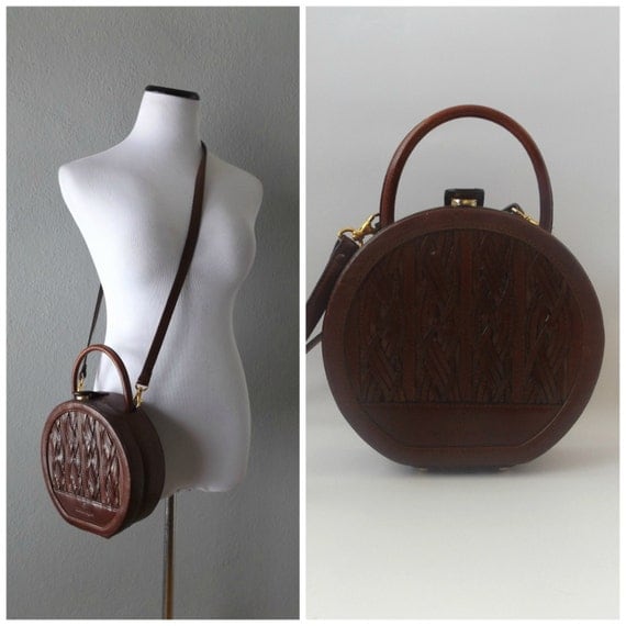 Leather Round Handbag Vintage Etienne Aigner Brown Structured