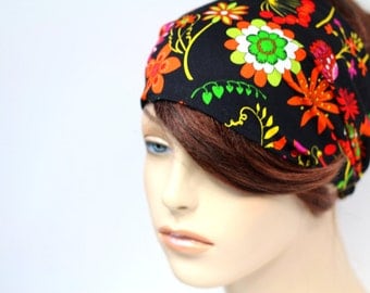 Bright Colorful Black Floral Print Headband Womens Headband Bandana Headband Head Wrap Hair Accessory Womens Gift for Her Gift Ideas