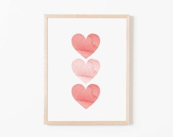 Coral Watercolor Hearts Nursery Art. Nursery Wall Art. Nursery Prints. Nursery Decor. Girl Wall Art. Coral Wall Art. Instant Download.