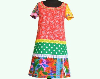 Vintage style A line dress, One of a kind french style dress , blend of colorfull cotton fabrics , made in Paris