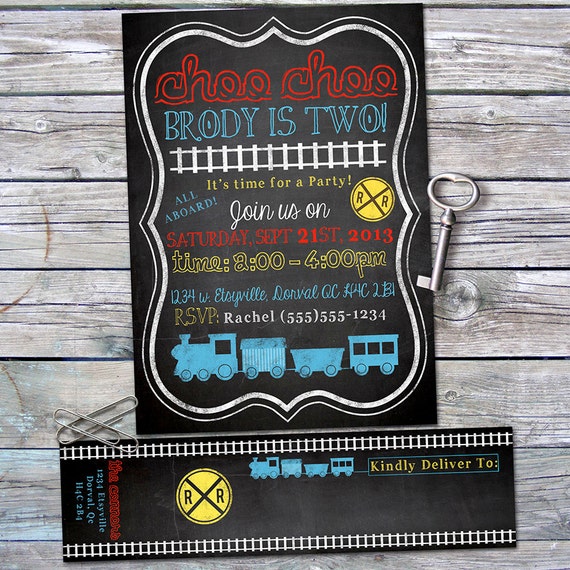 Train Birthday Invitation with Wrap Around Address Labels - All Aboard - Choo Choo - Blackboard, Chalkboard - Custom, Printable Designs Il_570xn