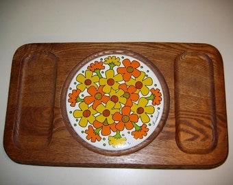 Vintage 1960's Goodwood Flower Power Teak and Tile Cheese Board
