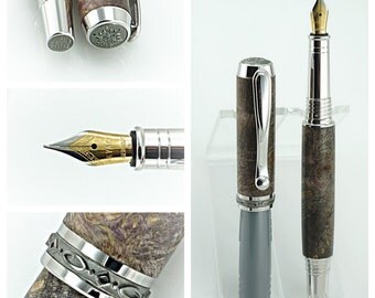 Custom Wooden Pen Fountain Beautiful Quilted Buckeye Burl Purple Dye Rhodium and Black Titanium 829FPA