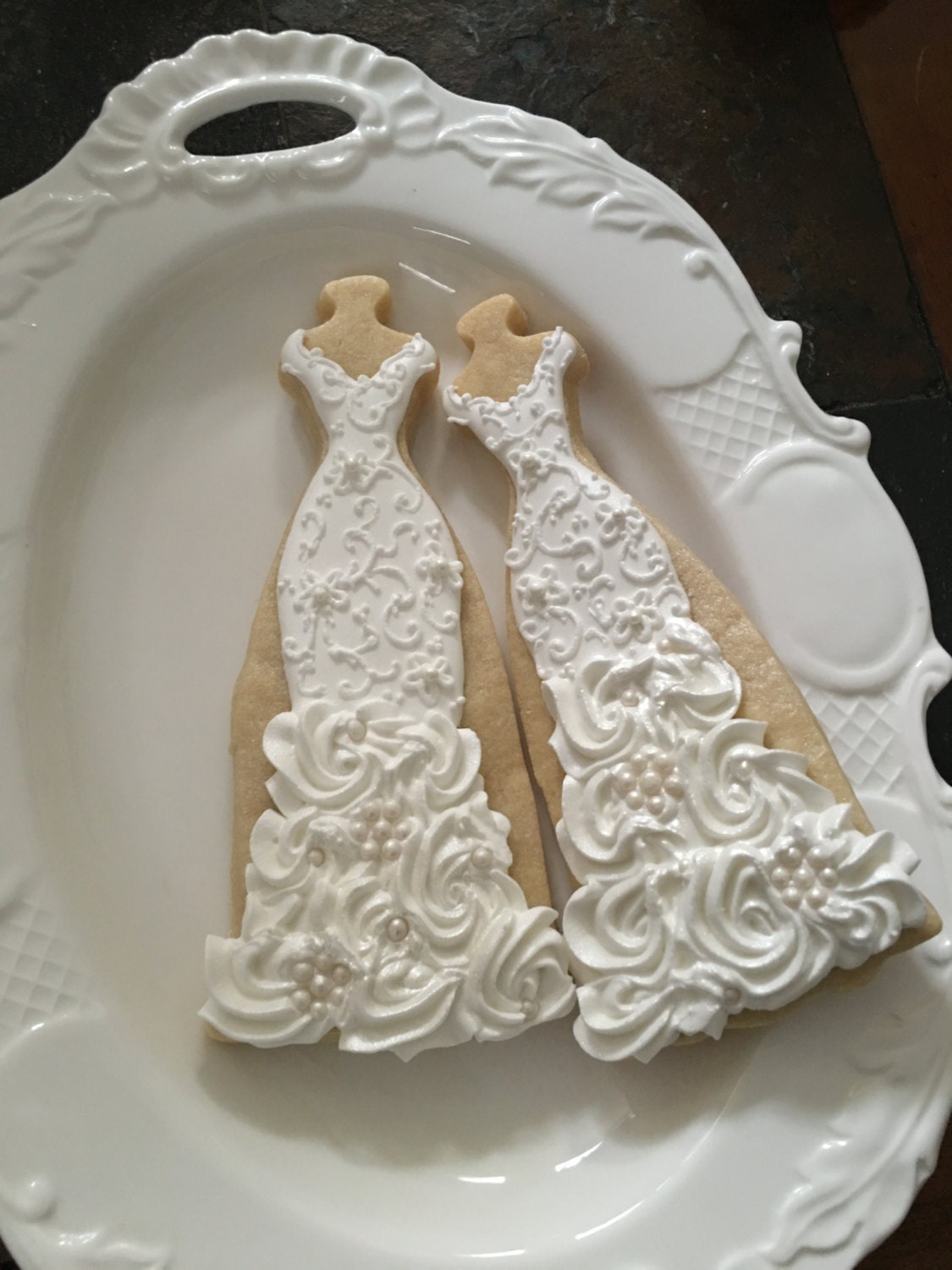 10 Lace, Rosette Ruffles, and Pearls Gown Cookies-Lace Wedding Dress