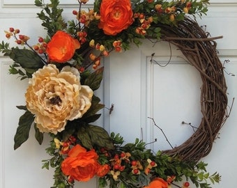 Fall Gold Peony orange ranunculus bittersweet boxwood grapevine wreath