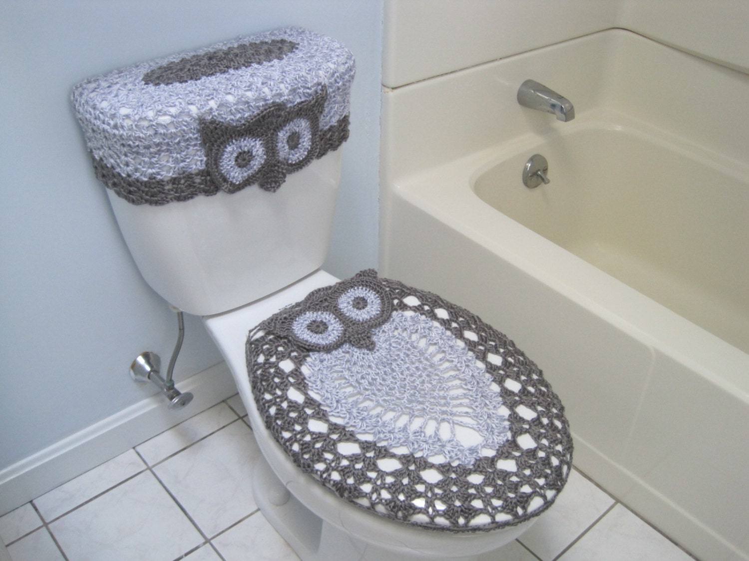 Crochet Set of Owl Toilet Tank Lid and Toilet Seat Covers by ytang