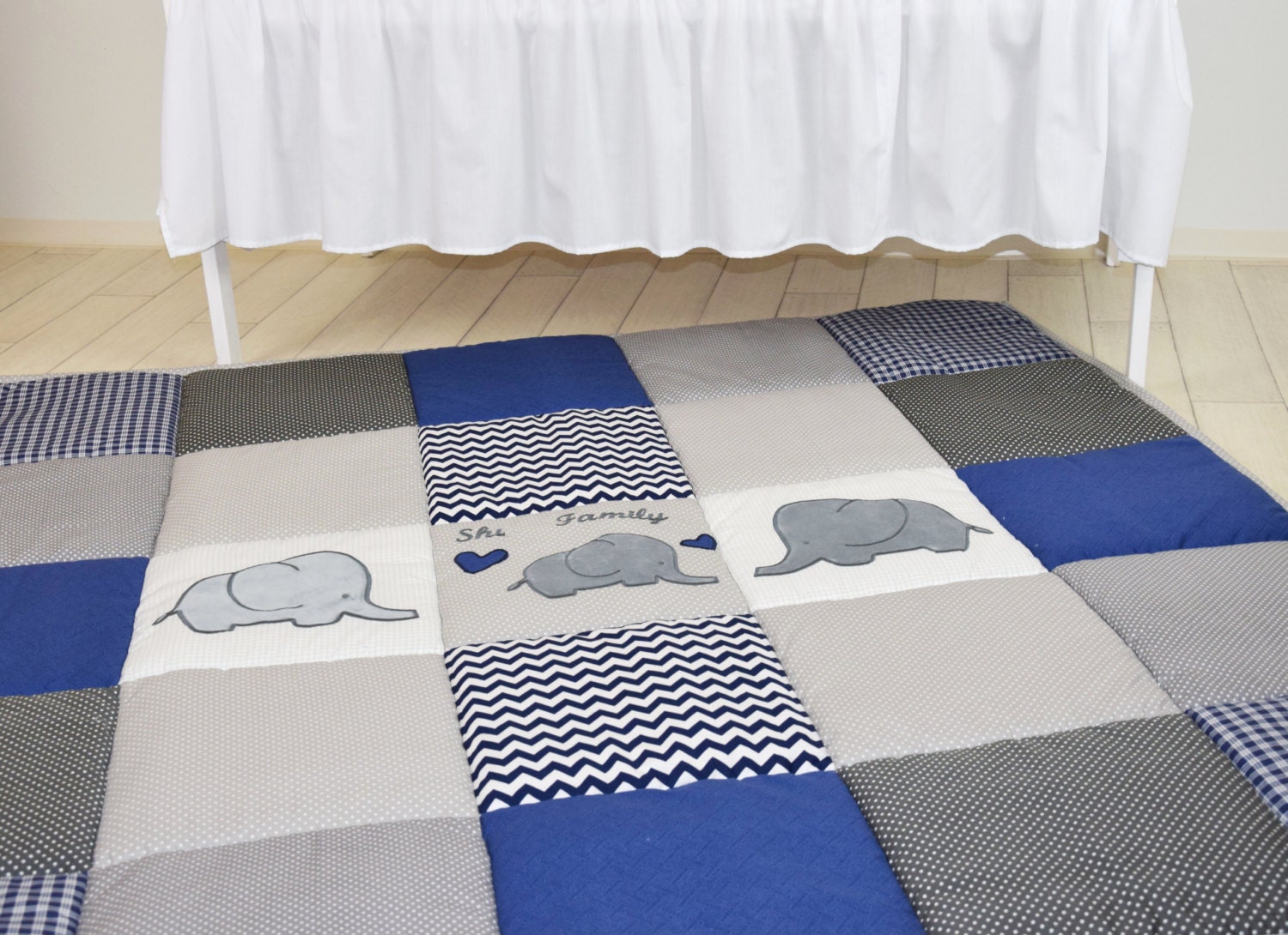 Play Mat Large Elephant Baby Rug Padded Navy Gray Playmat