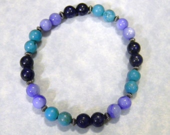 Shades of Blue Gemstone and Oxidized Silver Stretch Bracelet