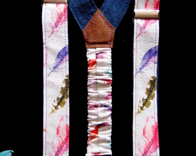 Suspenders with feather print, Two-Sided Suspenders for Women, Denim Suspenders for Lady, Valentines gift for her, Suspenders Women