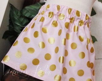 Market Circle Skirt ~Pink and Metallic Gold Polka Dot Custom Boutique Girls Skirt, Toddler Girls, Made to order: Newborn to 5/6 Girls