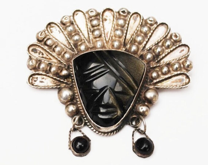 Sterling Mask Brooch - Taxco Mexico - Carved Black Onyx - Tribal Face Pin