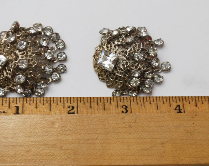 Chandelier Earring - Domed Silver filigree - Dangle Rhinestone - Clip On - Wedding Bride