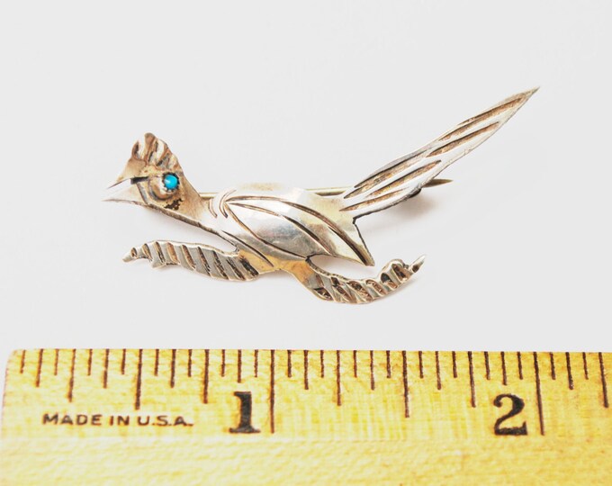 Road Runner Brooch -Silver Turquoise - Southwestern - Old Pawn - Native American Bird pin