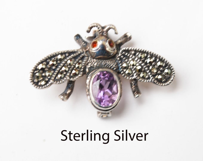 Sterling Marcasite Bee brooch with Purple Amythyst crystal Gemstone cabachon Insect figurine Pin