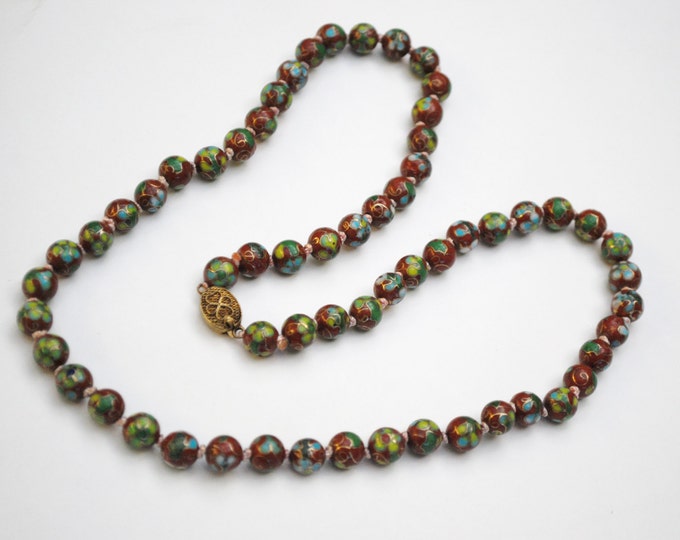 Cloisonne flower Bead Necklace - Red Brown beads green blue gold - Enameling - Hand knotted beads -Asian Chinese