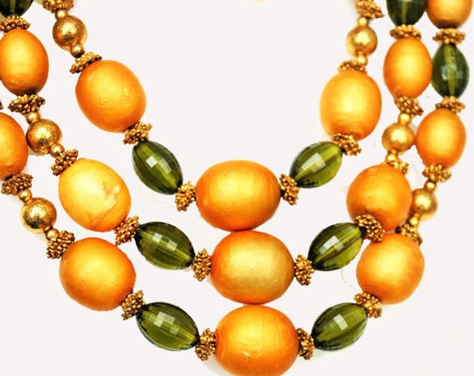 FLORENZA Necklace and Earring - Triple strand Orange Green Beads - clip on earrings - Vintage jewelry set