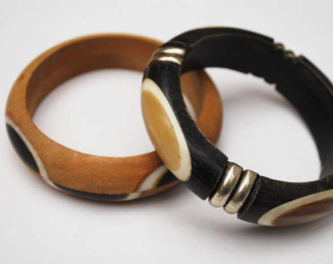 Boho Bracelets - Dark and light Brown wood - white Bone inlay - Lot of Two Bangles