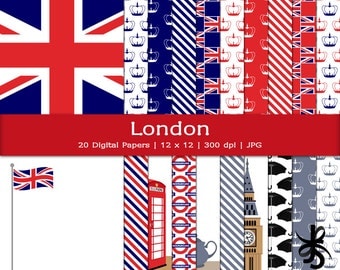Digital Scrapbook Papers-London-England-British-Union Jack-Big Ben-English-United Kingdom-British Flag-Tea-Instant Download Clip Art