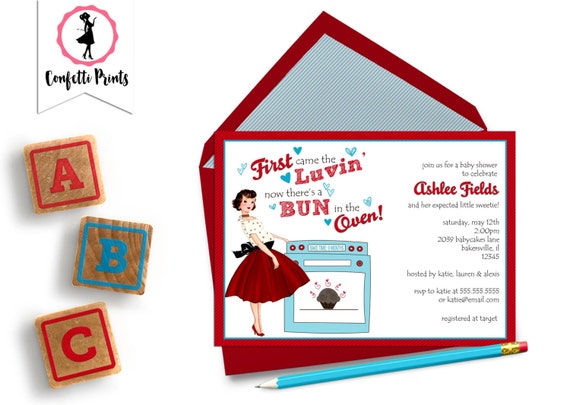 BUN In The OVEN Baby Shower Invitation | Retro Baby Shower | Vintage Baby Shower | Baby Sprinkle Invitation | Couples Baby Shower Il_570xn