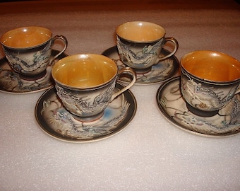 Set Of Eight Vintage Fairyland China Hand Painted Moriage Dragonware Demitasse Cups And Saucers