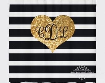 Black and Gold Personalized Shower Curtain - Simulated Gold Glitter and Black Stripes Monogrammed Shower Curtain