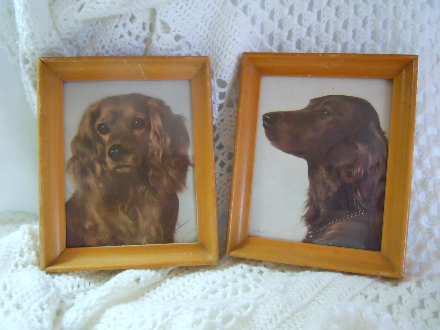 Small Vintage Dog Framed Pictures Set of Two 1950s Wood