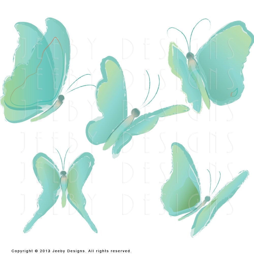 Turquoise Butterfly Clip Art Set of Five Butterflies
