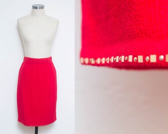 Red Knit Skirt // Highwaist Pencil Skirt // 80s St John Marie Grey Gold Metallic Detail Trim Dressy Casual Chic Sweater Skirt Size 4 6 Small
