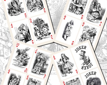Lewis Carroll's Alice in Wonderland Playing Card Printables, POSTCARD SIZE, (3.5 x 5 Inch or 12.7 x 8.8 cm), 16 Total