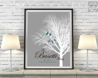 Unique Family Willow Tree with Love Birds Print, Personalized Modern Family Name Wall Art Decor, 8x10, 11x14 OR 16x20 Gray, Teal Unframed