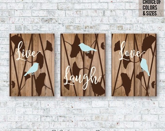 Gingko Flowers with Birds Live Laugh Love Faux Wood Rustic Look Unframed Wall Art Print Set of (3) 5 x 7, 8 x 10 OR 11 x 14 // Home Decor