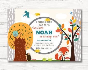 Woodland First Birthday Invitation, Boy Forest Animals Invite, Boy Woodland Birthday Party, C013