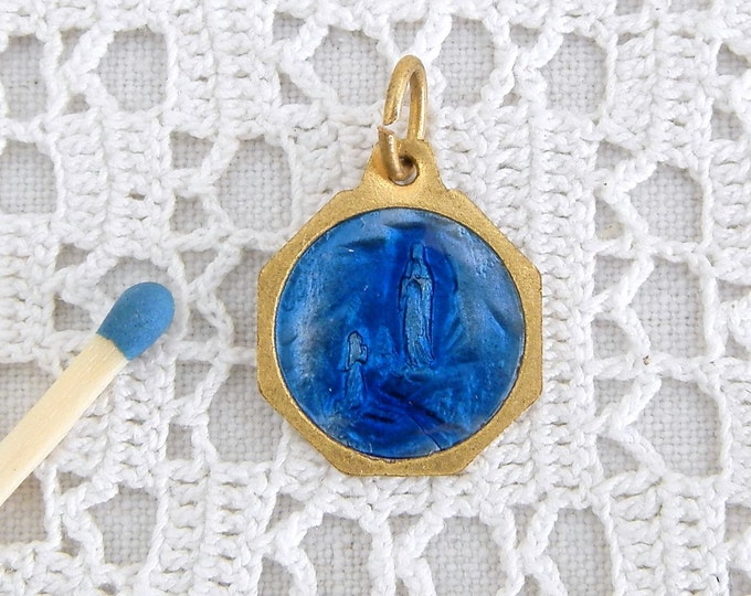 Small Vintage French Religious Gold Plated and Blue Glass Enamel Medal Virgin Mary / Charm / Religion / Christian / Catholic / Madonna Small Vintage French Religious Gold Plated and Blue Glass Enamel Medal Virgin Mary / Charm / Religion / Christian / Catholic / Madonna
