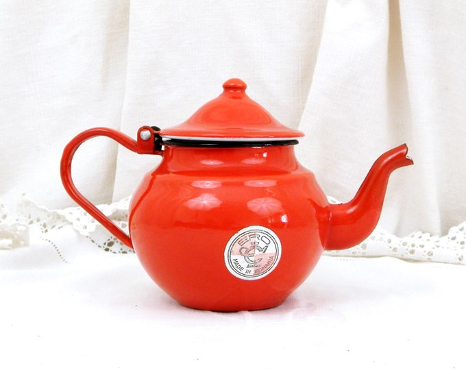 Vintage Unused Bright Red Enamel Teapot, French Country Decor, Cottage Rustic Tea, Chateau Chic, Retro Home Interieur, Enamelware