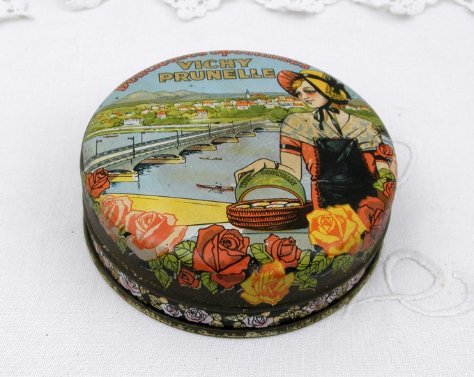 Antique French Metal Candy Tin, Vichy Prunelle, Illustration of the Allier River, Young Woman and Roses, Retro Vintage Home Decor, Country Antique French Metal Candy Tin, Vichy Prunelle, Illustration of the Allier River, Young Woman and Roses, Retro Vintage Home Decor, Country