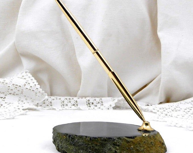 Vintage French Blue Veined Agate Onyx Nodule Stone Slab Pen Holder, Retro Mid Century Office Decor, Semi Precious Rock Desk Tidy,