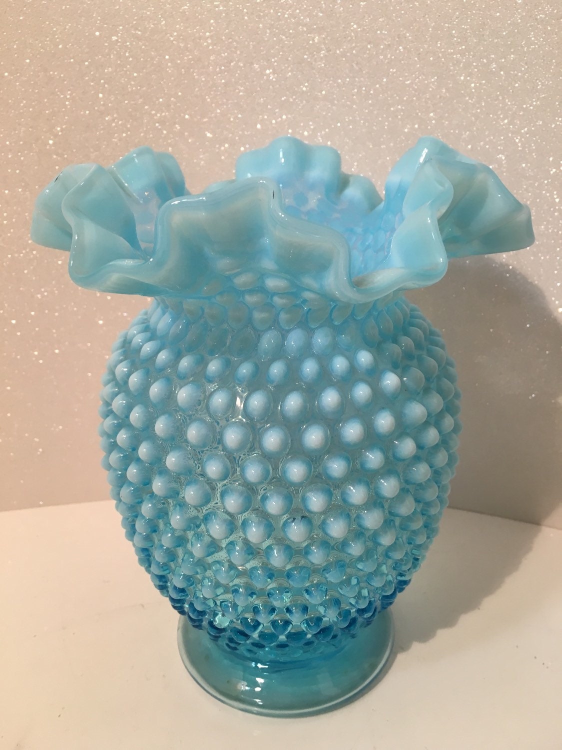 Fenton Blue Opalescent Ruffled Hobnail Vase French Style